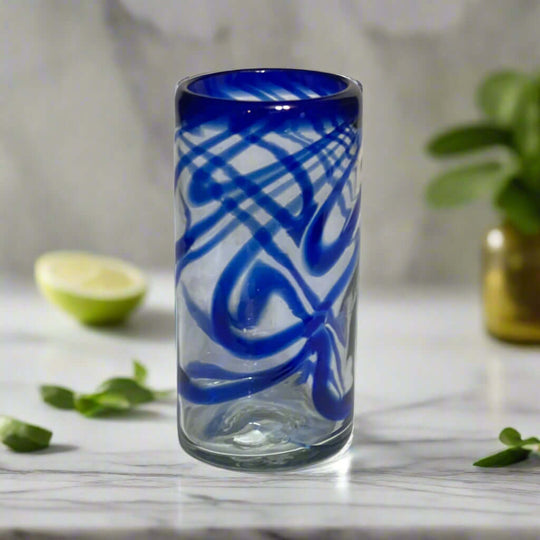 Hand-Blown Mexican Drinking Glass | Blue Swirl Design - handcrafted lead-free glass tumbler from Guanajuato with vibrant blue swirls