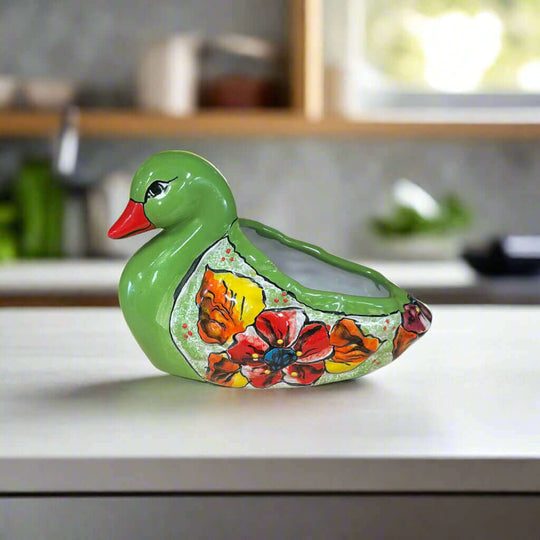 Colorful Talavera Duck Planter | Hand-Painted Mexican Succulent Pottery Art - hand-painted green Talavera duck succulent planter with floral design