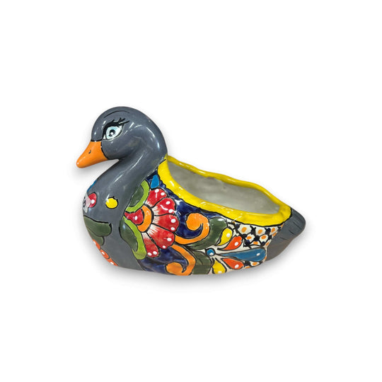 Colorful Talavera Duck Planter | Hand-Painted Mexican Succulent Pottery Art - gray hand-painted Talavera duck succulent pot