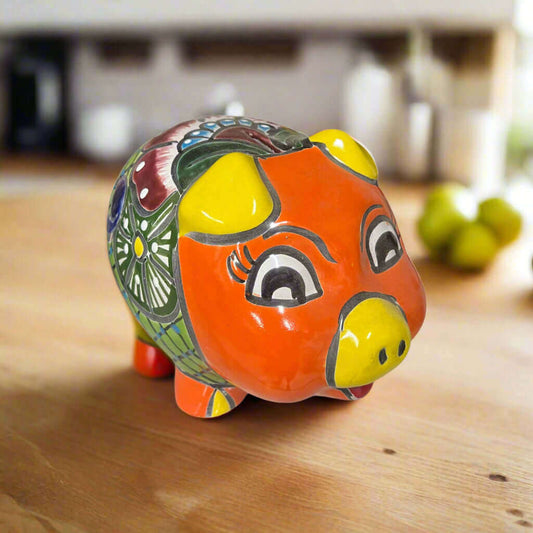 Talavera Piggy Bank | Hand-Painted Mexican Ceramic Coin Bank - hand-painted orange and floral ceramic piggy bank, lead-free glaze, Guanajuato