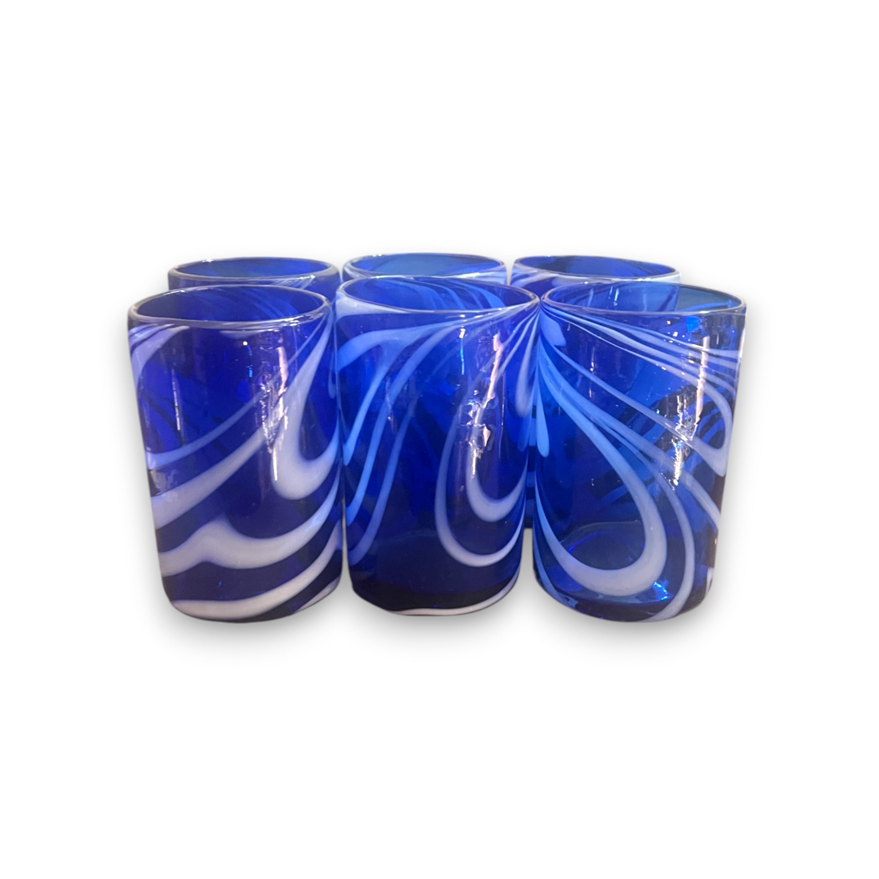 Mexican Drinking Glass | Handcrafted Blue with White Swirl Design