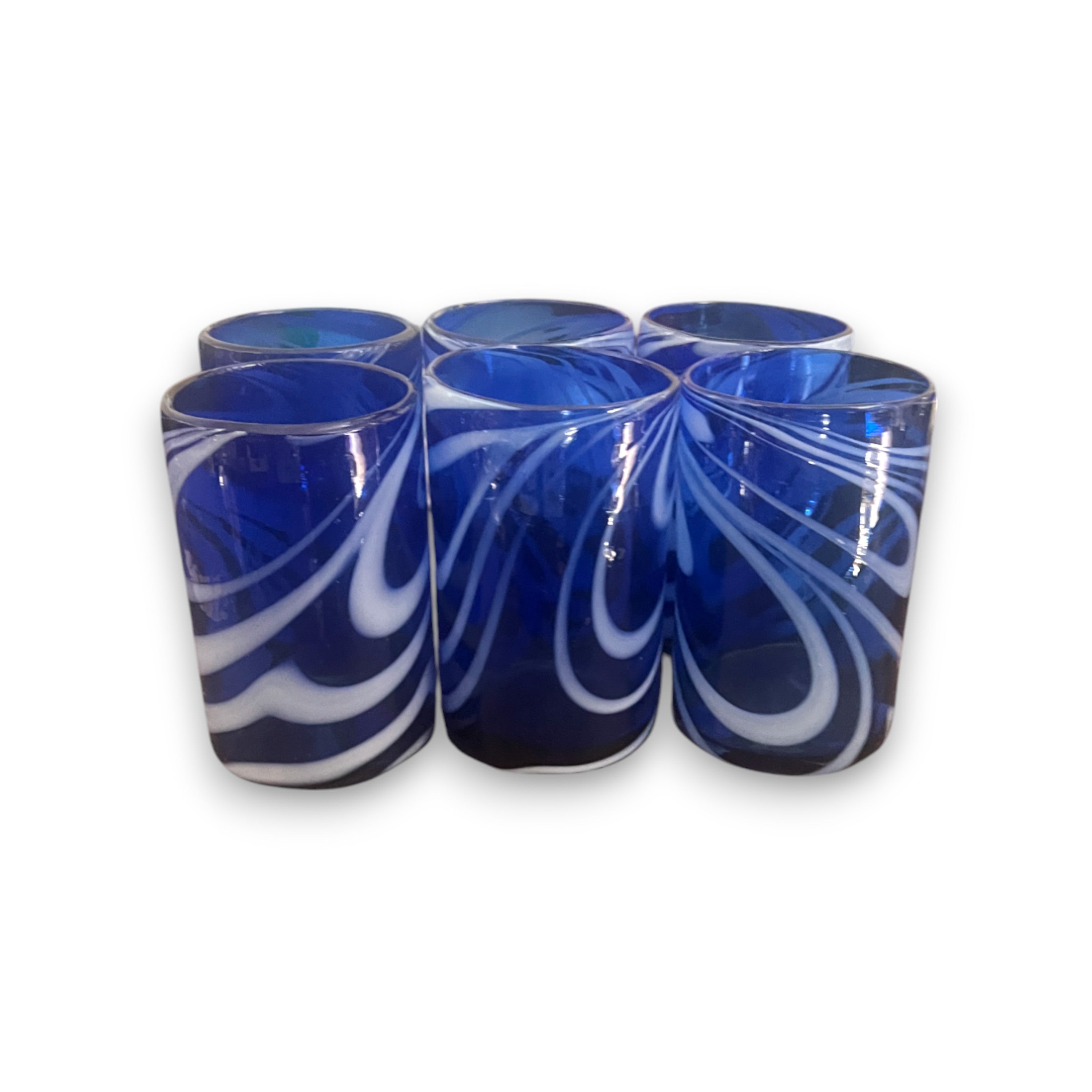 Mexican Drinking Glass | Handcrafted Blue with White Swirl Design