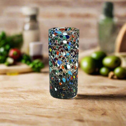 Hand Blown Double Shot Glass | Mexican Confetti Glassware — hand-blown thick clear glass with vibrant multicolor confetti flecks, unique artisan shot glass