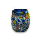 Confetti Rimmed Shot Glass | Hand-Blown Mexican Glassware with Blue Rim - hand-blown multicolor confetti glass shot glass with bold blue rim