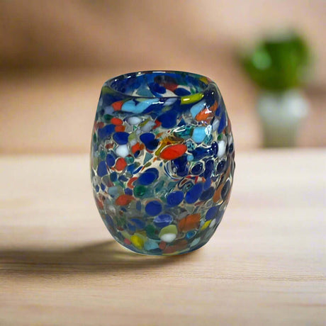 Confetti Rimmed Shot Glass | Hand-Blown Mexican Glassware with Blue Rim - hand-blown multicolor confetti glass shot glass with bold blue rim, Guanajuato craftsmanship