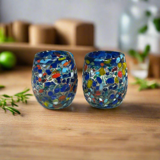Confetti Rimmed Shot Glass | Hand-Blown Mexican Glassware with Blue Rim