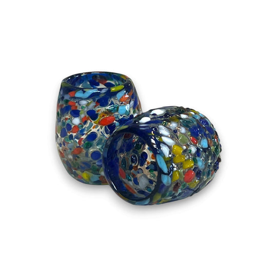 Confetti Rimmed Shot Glass | Hand-Blown Mexican Glassware with Blue Rim - handcrafted multicolor confetti glass shot glass with bold blue rim from Guanajuato