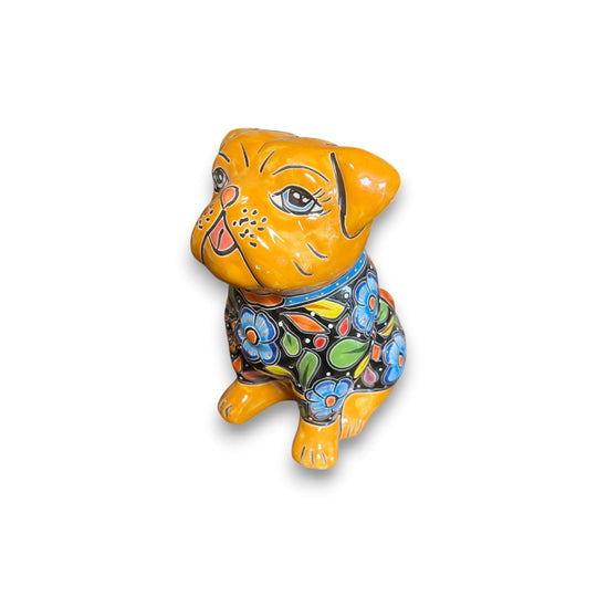 Talavera Pug Planter | Hand-Painted Mexican Dog Pottery - yellow hand-painted pug planter with vibrant Talavera floral pattern
