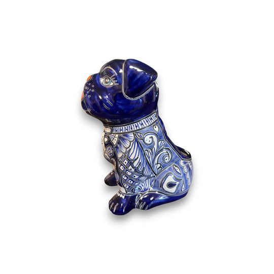 Talavera Pug Planter | Hand-Painted Mexican Dog Pottery – blue hand-painted Talavera pug planter with floral pattern, kiln-fired lead-free glaze