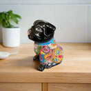 Talavera Pug Planter | Hand-Painted Mexican Dog Pottery - black pug ceramic planter with colorful Talavera floral pattern, glazed and kiln-fired