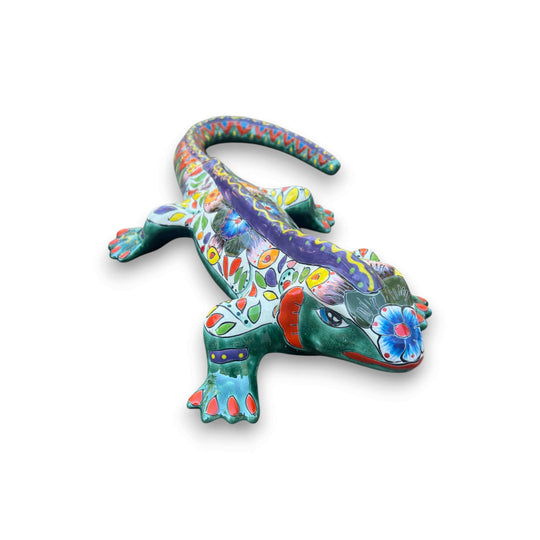 XL Talavera Iguana Statue | Hand-Painted Mexican Ceramic Art - vibrant hand-painted Talavera ceramic garden iguana from Guanajuato, lead-free glaze