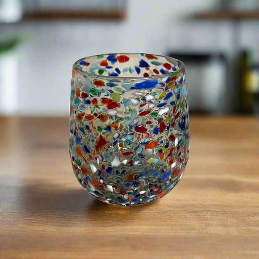 Confetti Stemless Wine Glass | Hand-Blown Mexican Pebbled Cup - hand-blown lead-free glass with colorful confetti pebbled texture, perfect for wine or cocktails