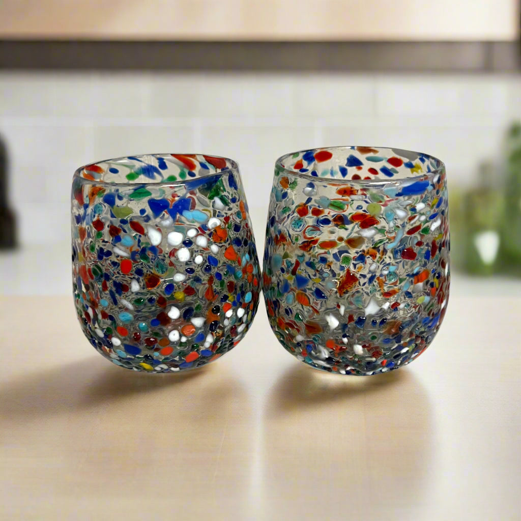 Confetti Stemless Wine Glass | Hand-Blown Mexican Pebbled Cup