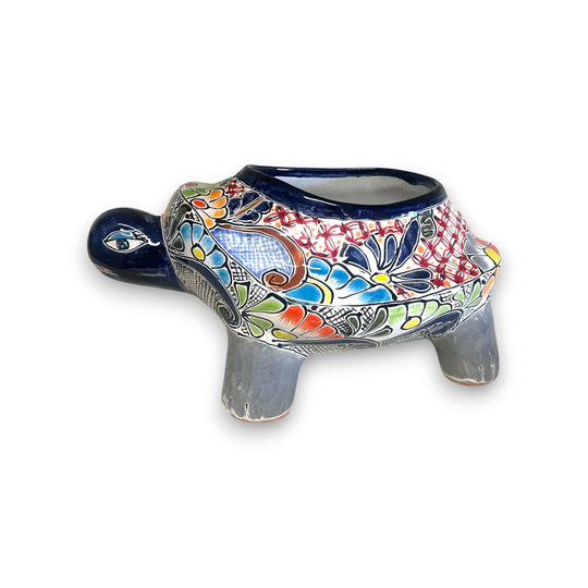Talavera Turtle Planter | Hand-Painted Mexican Ceramic Garden Pot - hand-painted blue floral turtle ceramic planter, handcrafted in Guanajuato
