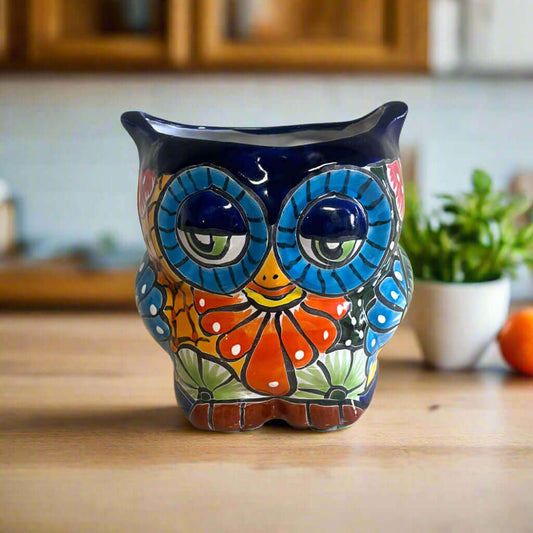 Talavera Owl Planter | Double-Faced Hand-Painted Pottery - vibrant cobalt, orange, lime, and sky blue hand-painted ceramic owl planter
