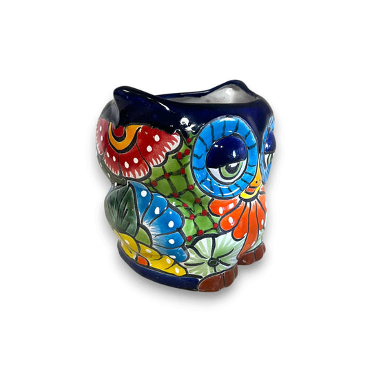 Talavera Owl Planter | Double-Faced Hand-Painted Pottery - handcrafted cobalt, orange, lime floral owl ceramic planter from Guanajuato, Mexico