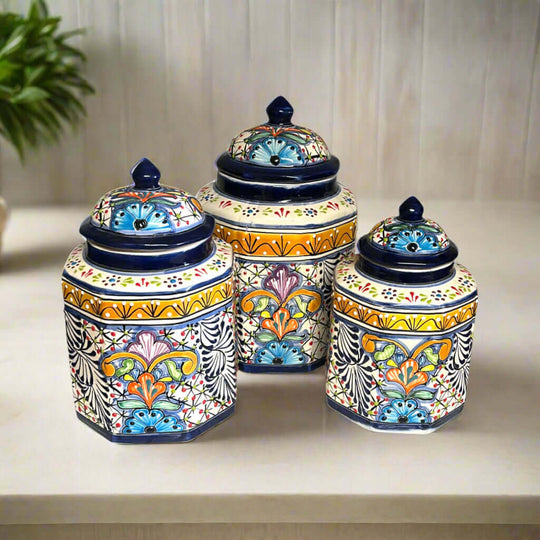 Talavera Canister Set | Colorful Handcrafted Mexican Kitchen Jars hand-painted multicolor ceramic pantry jars set