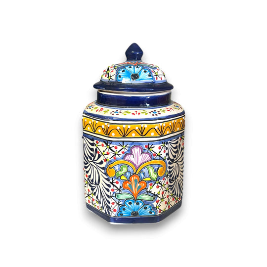 Talavera Canister Set | Colorful Handcrafted Mexican Kitchen Jars - hand-painted multicolor Talavera ceramic jar with floral geometric pattern