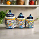 Talavera Canister Set | Colorful Handcrafted Mexican Kitchen Jars - hand-painted multicolor Talavera storage jars, lead-free glaze, set of three