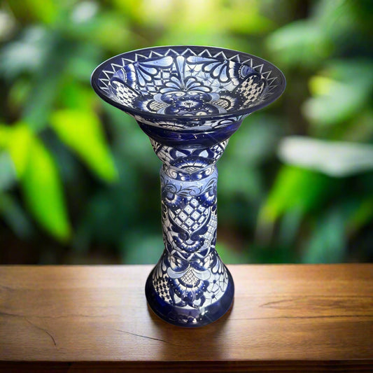 Blue & White Talavera Bird Bath | Mexican Garden Art