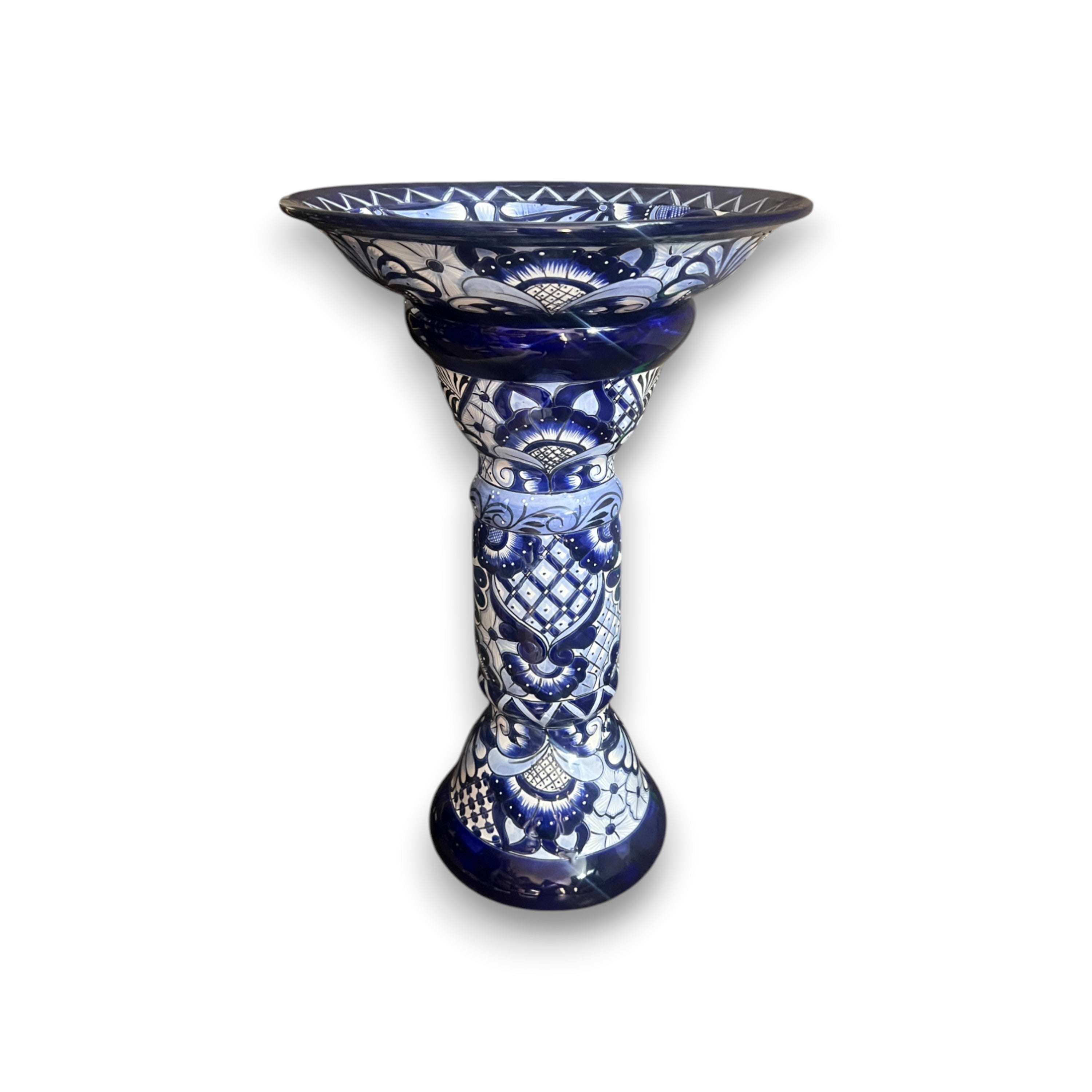 Blue & White Talavera Bird Bath | Mexican Garden Art