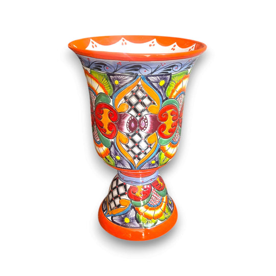 Extra Large Talavera Flower Pot | Hand-Painted Pedestal Planter with vibrant hand-painted floral and geometric patterns, flared rim, kiln-fired lead-free glaze