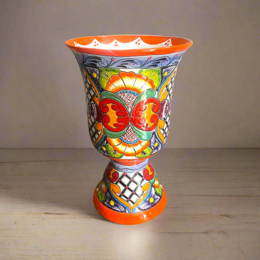 Extra Large Talavera Flower Pot | Hand-Painted Pedestal Planter — vibrant hand-painted floral and geometric pedestal planter from Guanajuato, kiln-fired lead-free glaze