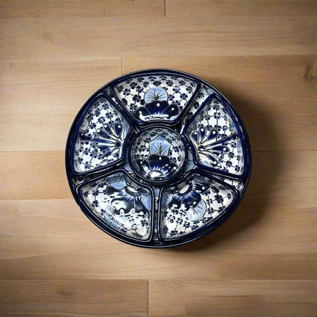 Handmade Talavera Appetizer Tray | Blue and White Sectional Platter showcasing hand-painted blue and white floral and geometric Talavera design