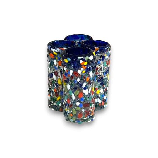 Confetti Double Shot Glass | Hand Blown Mexican Blue Rim - hand-blown multicolor confetti glass set with signature blue rim, double-shot size