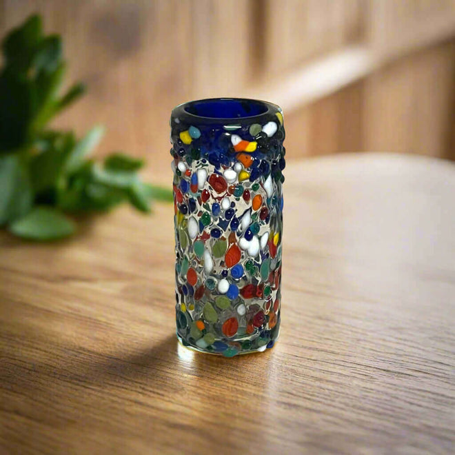 Confetti Double Shot Glass | Hand Blown Mexican Blue Rim — hand-blown lead-free glass with colorful confetti pattern and signature blue rim