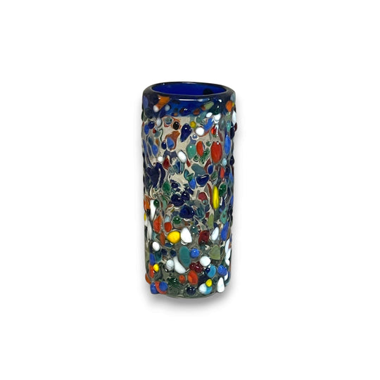 Confetti Double Shot Glass | Hand Blown Mexican Blue Rim - hand-blown lead-free glass with vibrant confetti pattern and signature blue rim