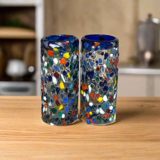 Confetti Double Shot Glass | Hand Blown Mexican Blue Rim