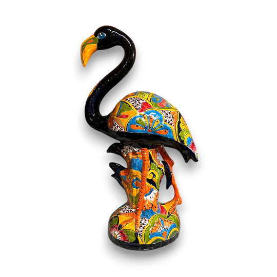Talavera Flamingo Statue | Hand-Painted Mexican Ceramic Bird Art - vibrant hand-painted Talavera flamingo with floral geometric patterns