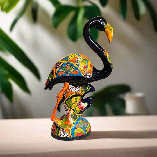 Talavera Flamingo Statue | Hand-Painted Mexican Ceramic Bird Art - vibrant hand-painted Talavera flamingo with floral patterns