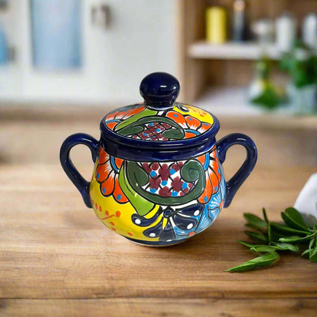 Handmade Talavera Sugar Jar | Colorful Mexican Ceramic Pot hand-painted floral sugar jar with glossy blue rim and lid, two handles, traditional Talavera design