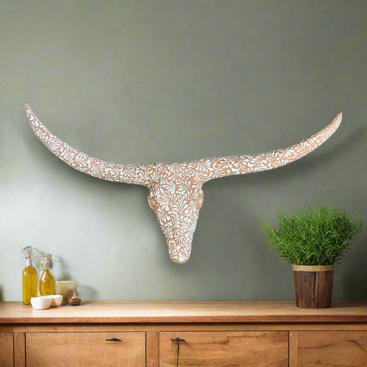 Terracotta Longhorn Wall Art | Hand-Painted Mexican Bull Skull