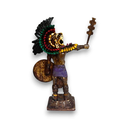Aztec Warrior Statue | Handcrafted Cultural Sculpture - handpainted Aztec warrior figurine with feathered headdress and ceremonial staff