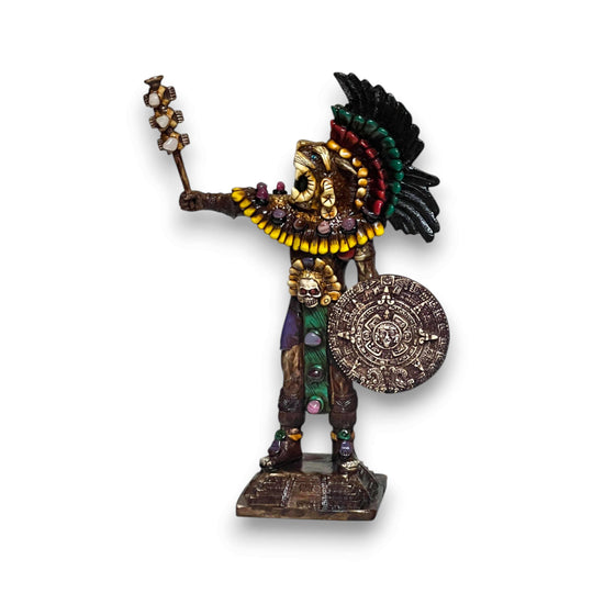 Aztec Warrior Statue | Handcrafted Cultural Sculpture - detailed handcrafted Aztec warrior with shield and feathered headdress