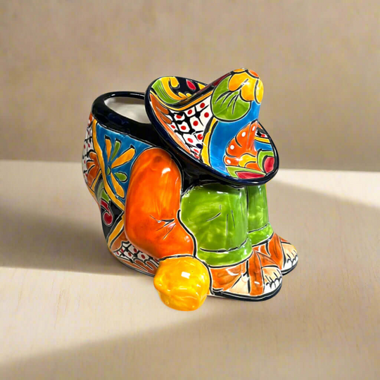 Colorful Talavera Panchito Planter | Mexican Sleeping Man Pottery - hand-painted Talavera sleeping man planter in bright orange, blue, green, red