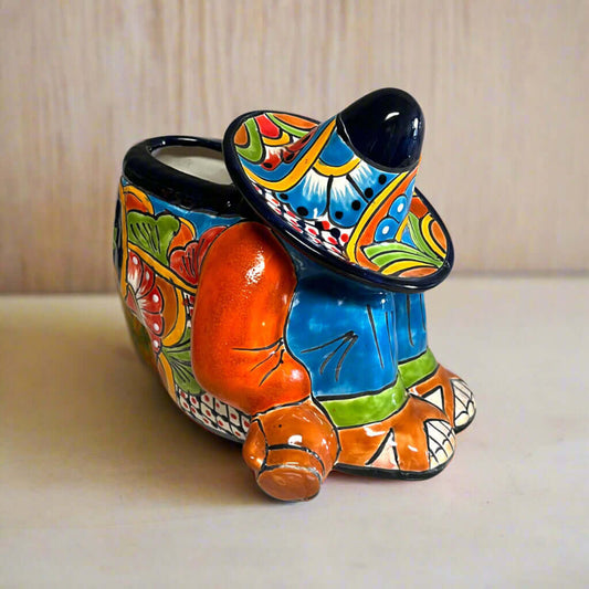 Colorful Talavera Panchito Planter | Mexican Sleeping Man Pottery hand-painted sleeping man in sombrero ceramic planter