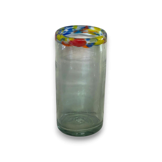 Hand Blown Colorful Tumbler Glass | Confetti Rim — tall clear hand-blown glass with vibrant multicolor confetti rim, textured body, lead-free, handcrafted in Guanajuato