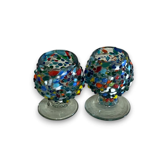 Confetti Rock Shot Glass | Handcrafted Mexican Cognac-Style Glass – pair of hand-blown colorful confetti mini cognac-style shot glasses from Guanajuato