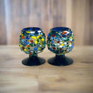 Confetti Rock Shot Glass | Blue Rim Cognac Style hand-blown multicolored fused glass rocks on blue-rim pedestal, artisan-made in Guanajuato, Mexico