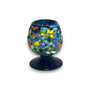 Confetti Rock Shot Glass | Blue Rim Cognac Style - hand-blown multicolored fused glass with deep blue rim and pedestal base