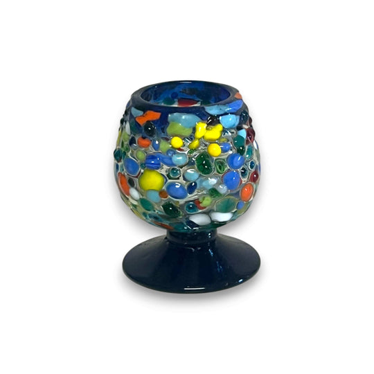 Confetti Rock Shot Glass | Blue Rim Cognac Style - hand-blown multicolored fused glass with deep blue rim and pedestal base