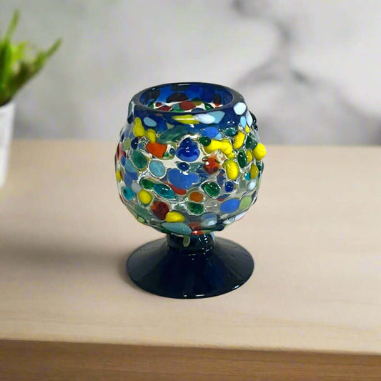 Confetti Rock Shot Glass | Blue Rim Cognac Style — hand-blown multicolored fused glass with blue rim and pedestal base