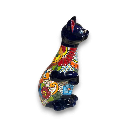 Talavera Cat Statue | Hand-Painted Mexican Ceramic Figurine - glossy dark blue face with bright multicolor floral Talavera design