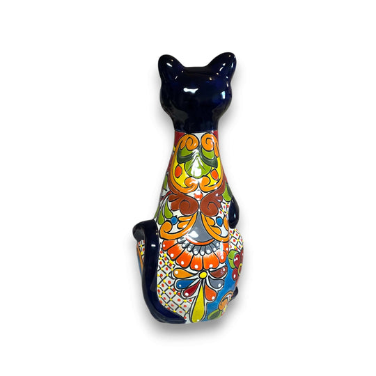 Talavera Cat Statue | Hand-Painted Mexican Ceramic Figurine - glossy dark blue face with multicolor floral hand-painted pattern