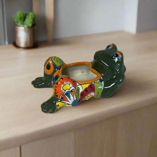 Talavera Frog Planter | Hand-Painted Mexican Ceramic Pot — colorful hand-painted Talavera frog planter with floral patterns, glazed ceramic
