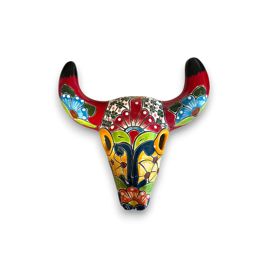 Talavera Bull Skull Wall Decor | Colorful Handcrafted Longhorn Art — hand-painted Talavera longhorn with red, blue, yellow floral and geometric designs
